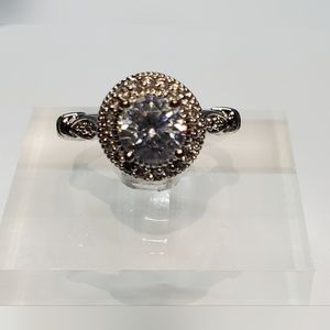 Halo Engagement Style Silver-Tone Ring Size 7